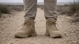 Tan military boots on a gravel path with a blurred natural background