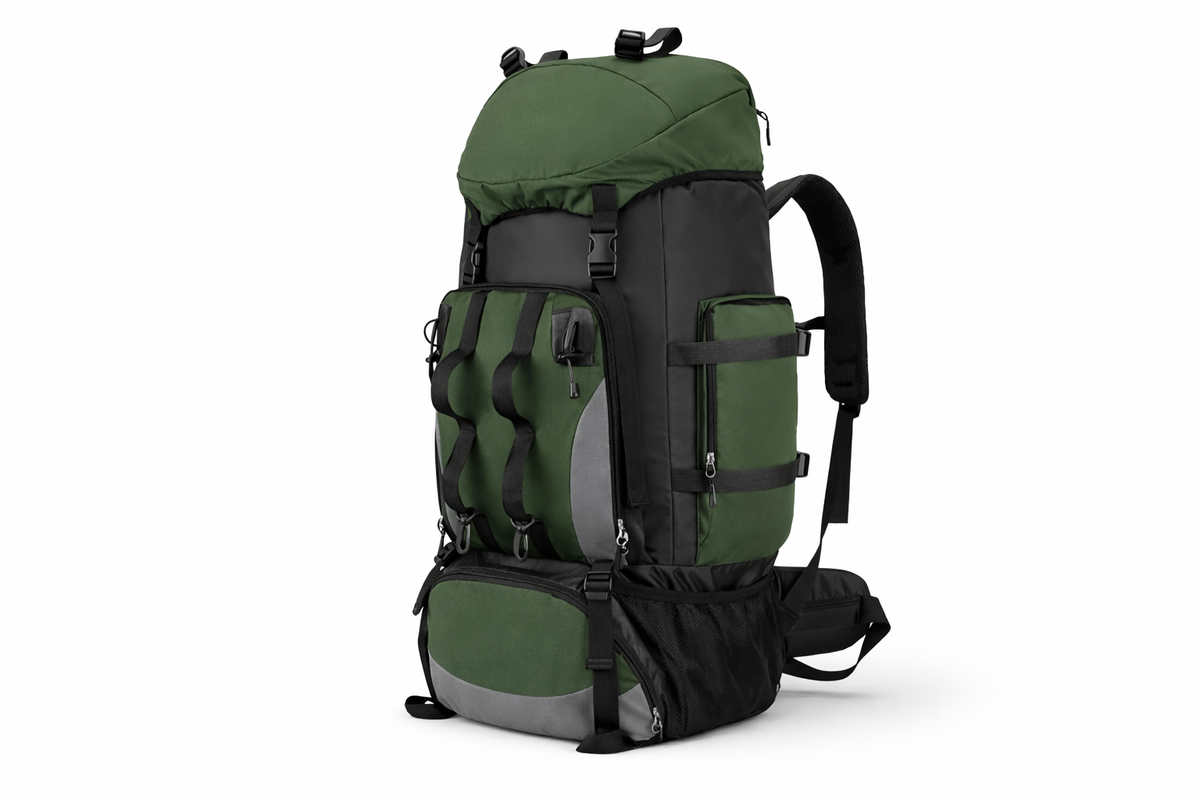 Green and black backpack on a white background