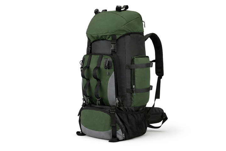 Green and black backpack on a white background