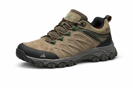 Brown hiking shoe with black sole on a white background