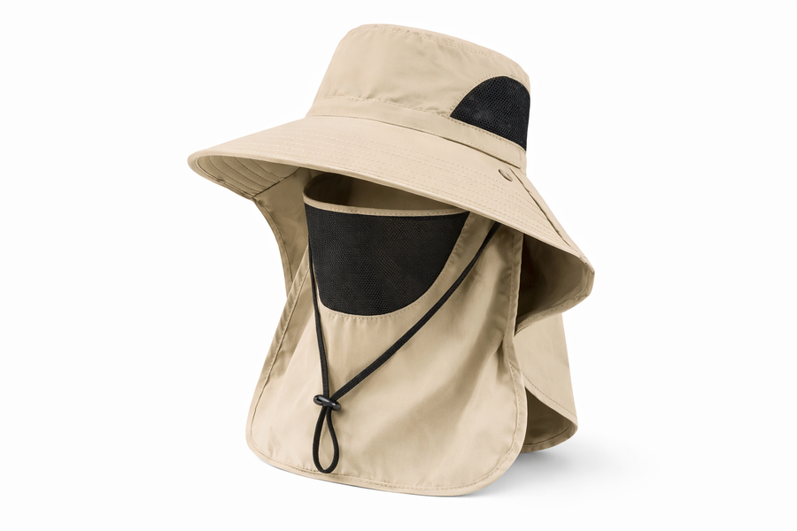 Beige sun hat with a black face covering on a white background