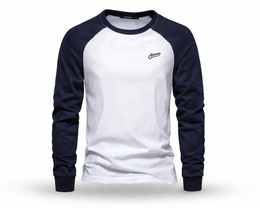 White long-sleeve shirt with navy sleeves on a white background