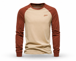 Beige and brown long-sleeve shirt with a logo on a white background