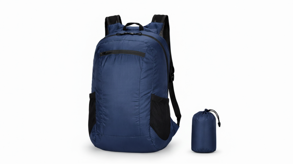 Blue backpack with a smaller blue pack on a white background