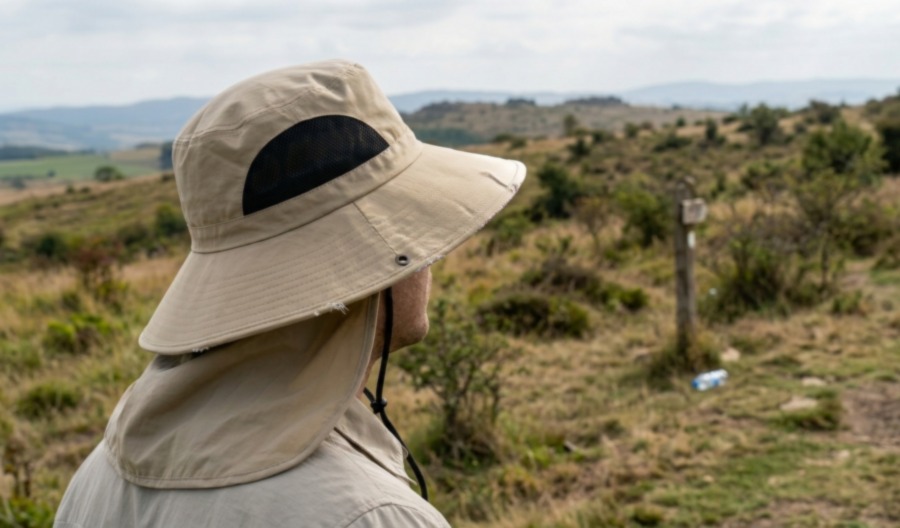 Person wearing a wide-brimmed hat in a natural landscape