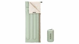 Green camping mattress with beige cover and carrying bag on a white background