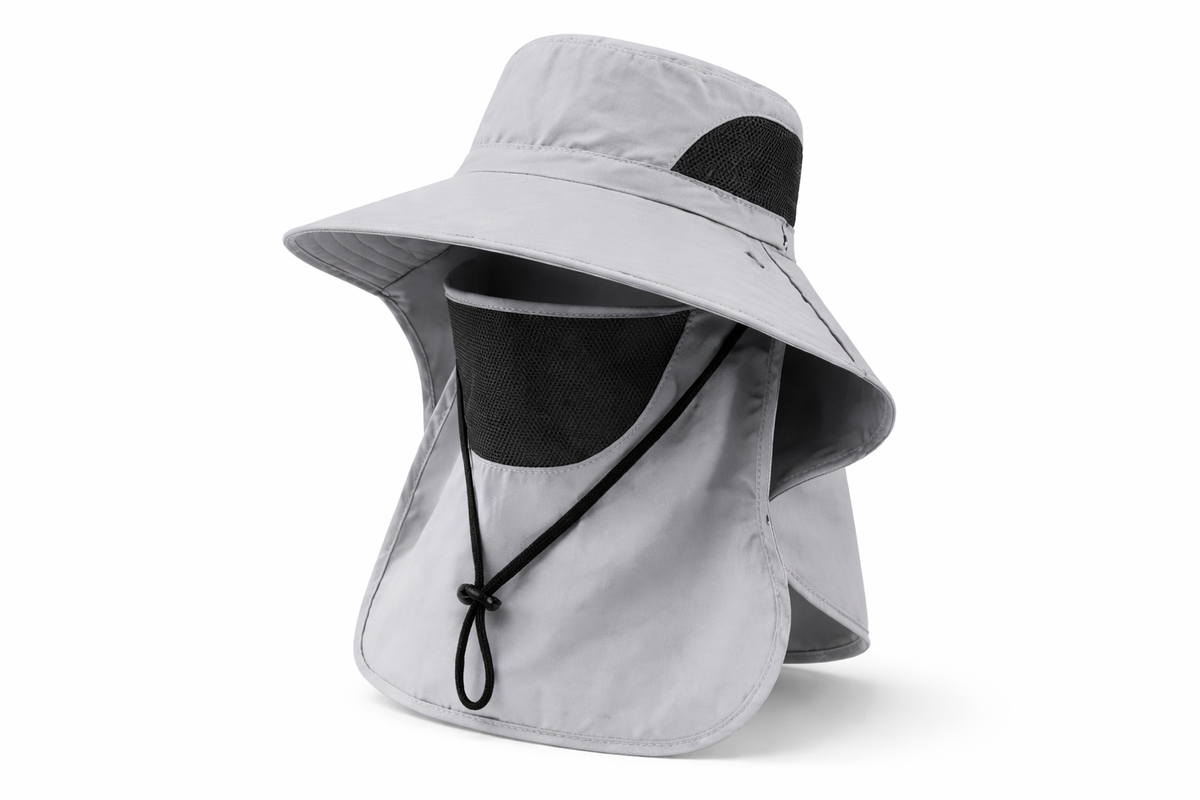 Gray sun hat with neck flap on a white background