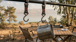 Metal pot hanging from a hook with a scenic outdoor background