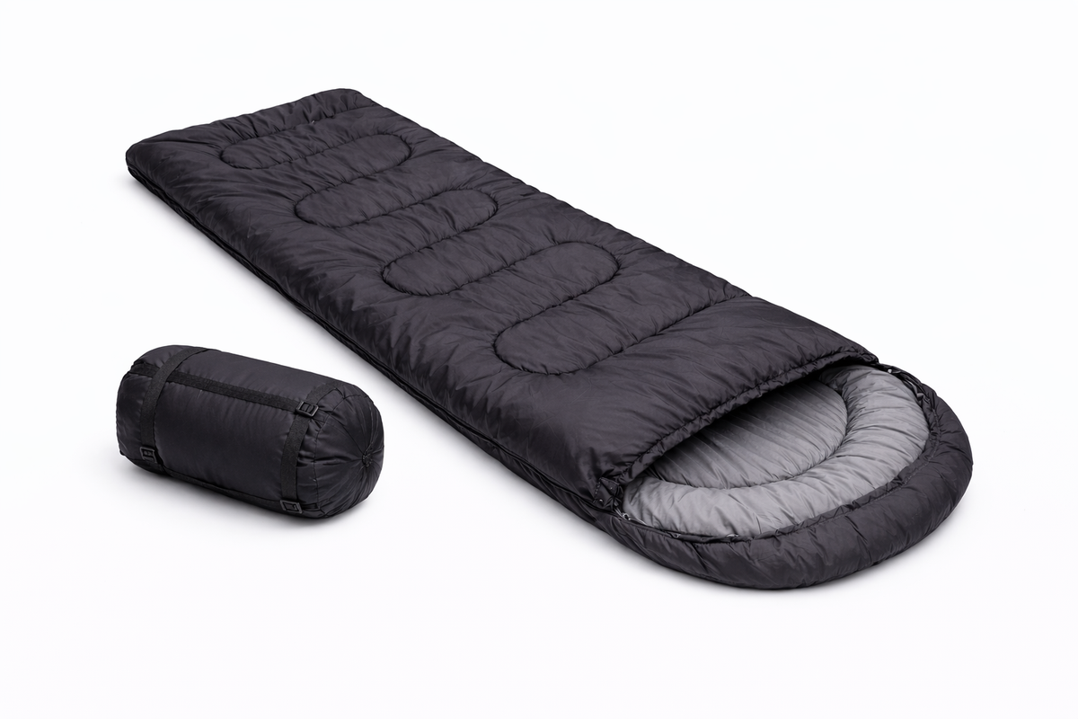 Black sleeping bag with gray interior on a white background