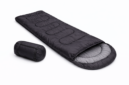 Black sleeping bag with gray interior on a white background
