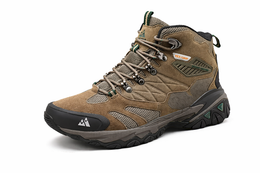 Brown hiking boot with black sole on a white background