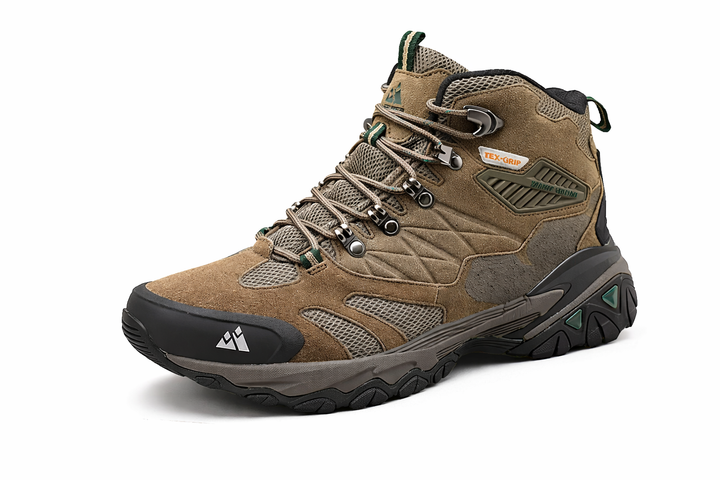 Brown hiking boot with black sole on a white background
