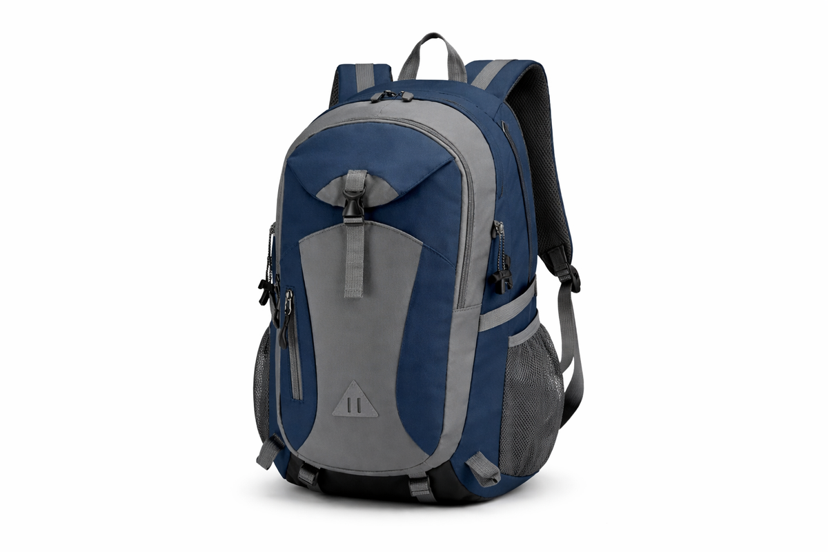 Blue and gray backpack on a white background