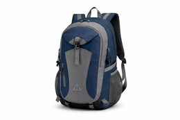 Blue and gray backpack on a white background