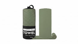 Green microfiber towel with packaging on a white background