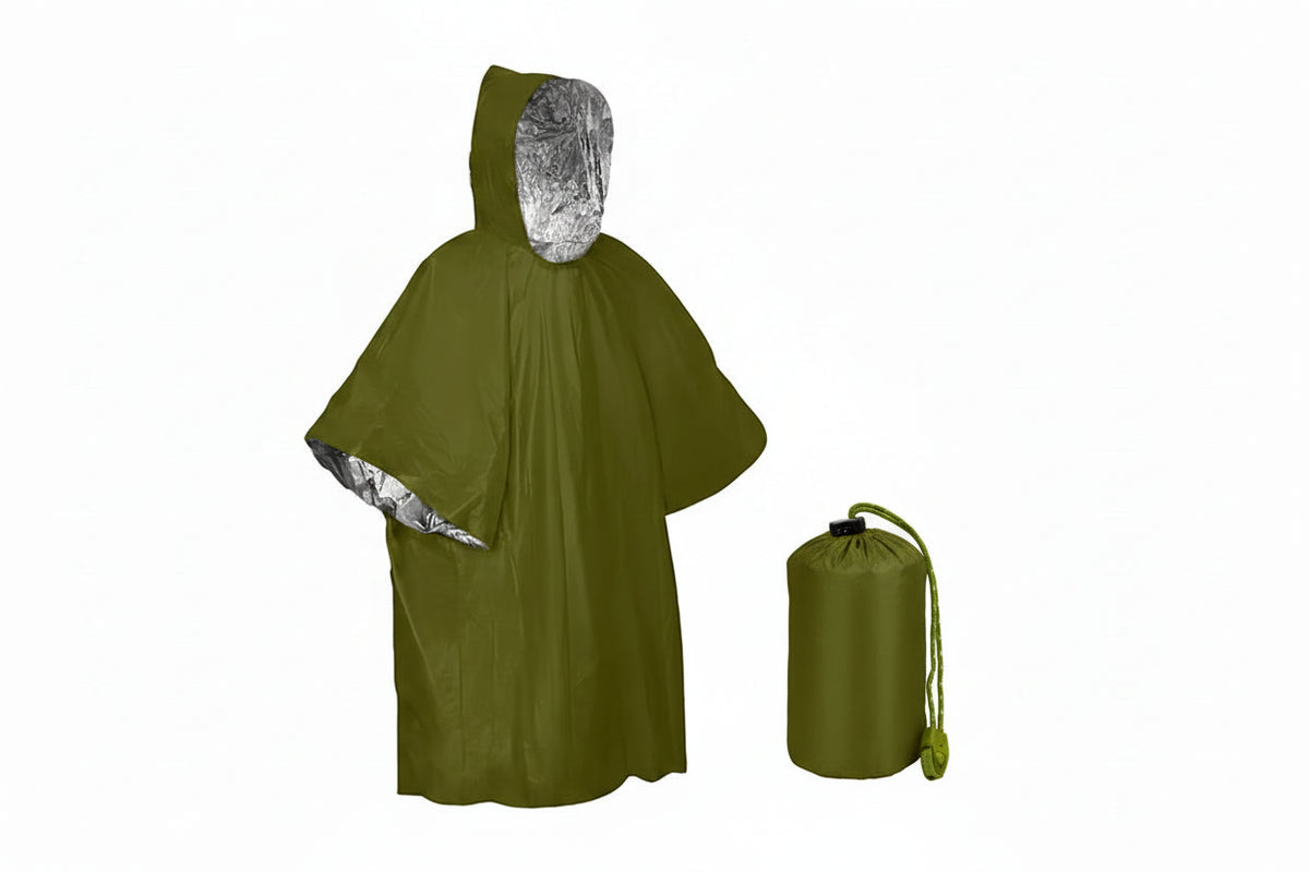 Green rain poncho with silver lining and a matching green bag on a white background