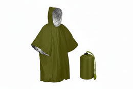 Green rain poncho with silver lining and a matching green bag on a white background