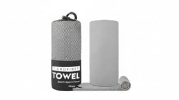 Gray microfiber towel with packaging on a white background