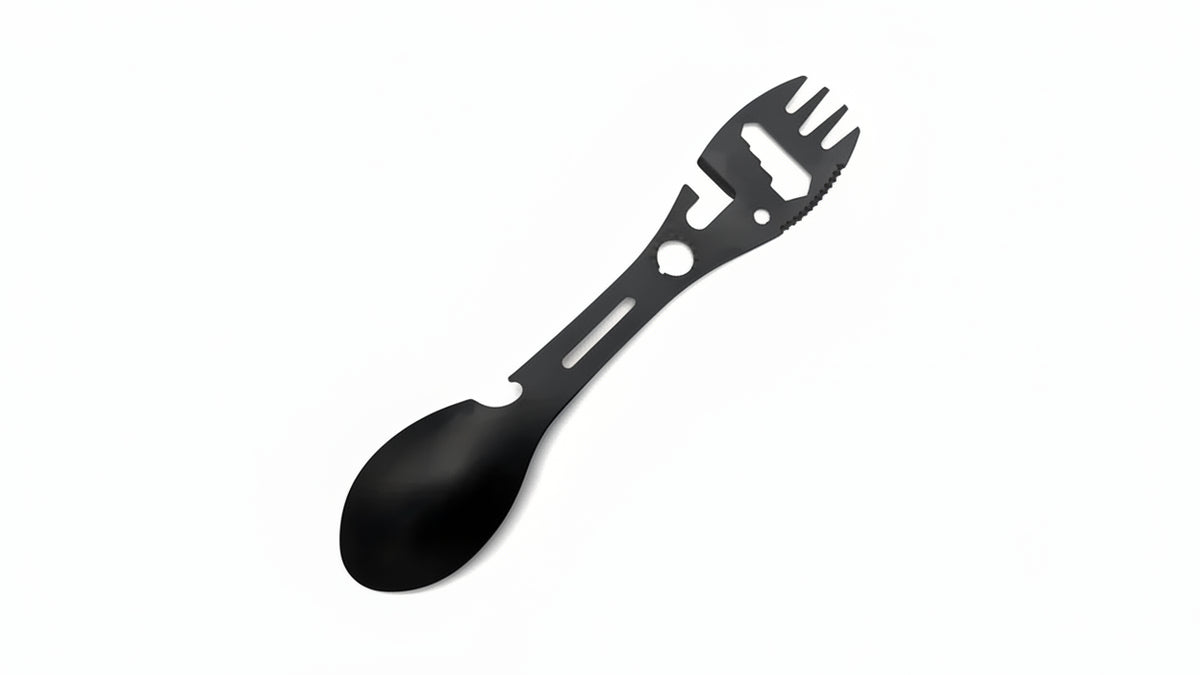 Black plastic spoon and fork utensil on a white background