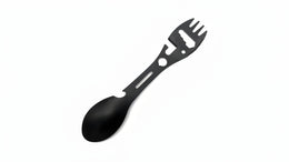 Black plastic spoon and fork utensil on a white background