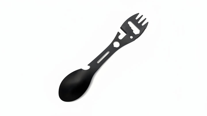 Black plastic spoon and fork utensil on a white background
