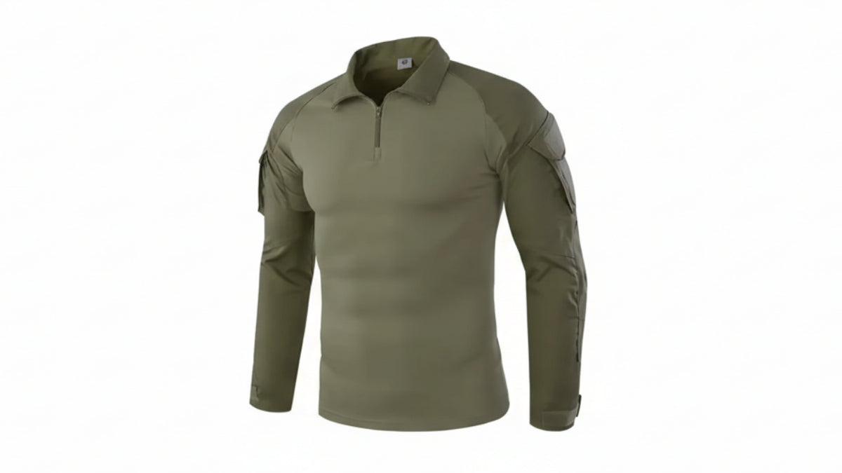 Olive green long-sleeve shirt with shoulder pads on a white background