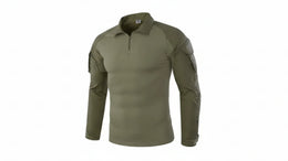 Olive green long-sleeve shirt with shoulder pads on a white background