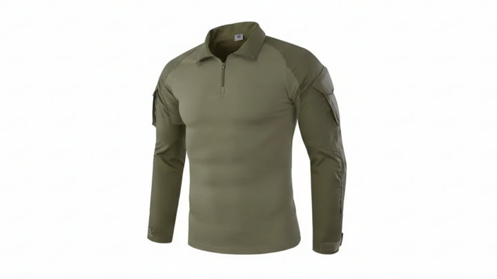 Olive green long-sleeve shirt with shoulder pads on a white background