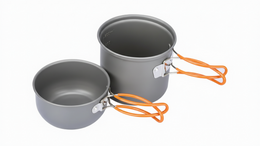Two gray camping pots with orange handles on a white background