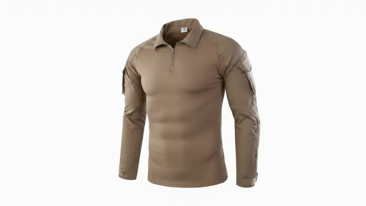 Tan long-sleeve shirt with shoulder pads on a white background