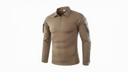 Tan long-sleeve shirt with shoulder pads on a white background