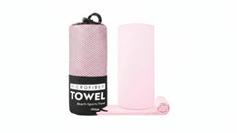 Pink microfiber towel with packaging on a white background