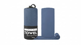 Blue microfiber towel with packaging on a white background