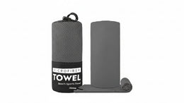 Gray microfiber towel with packaging on a white background