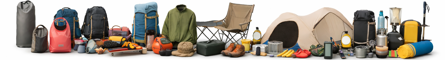 Collection of camping gear including a tent, sleeping bags, and other equipment on a white background