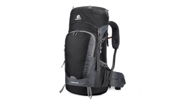 Black and gray hiking backpack on a white background