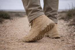 Tan boots on a gravel path with a blurred natural background