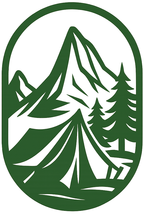 Logo with a mountain and trees in a green oval
