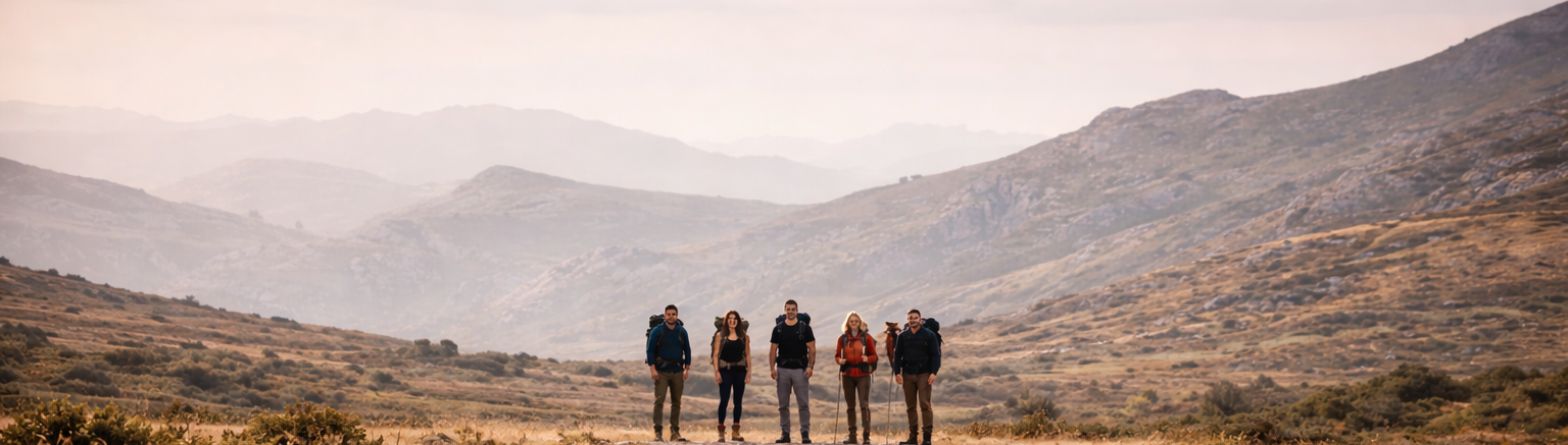 Group of people walking on a path in a mountainous landscape