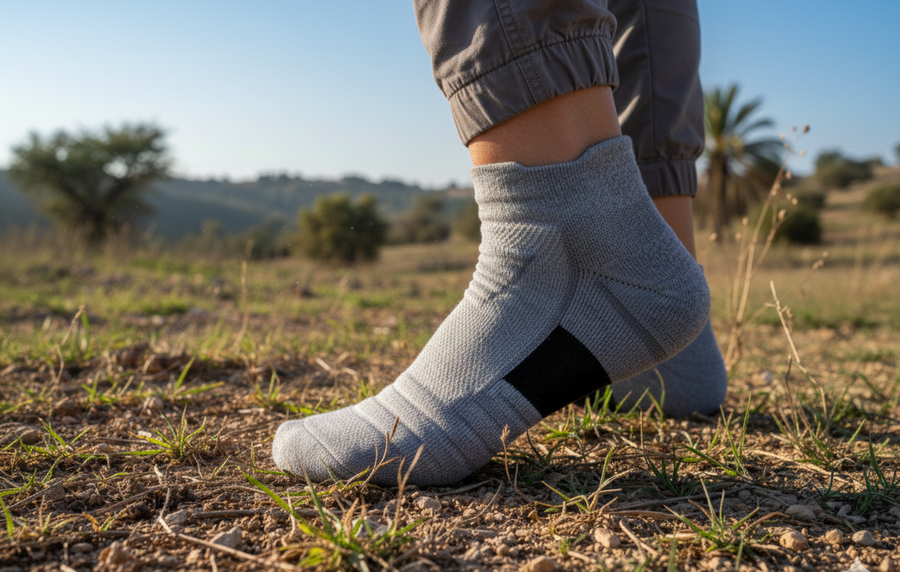Person wearing gray ankle socks in a natural outdoor setting