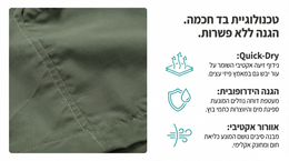 Close-up of green fabric with quick-dry and water-repellent features on a white background.