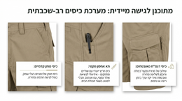 Khaki pants with various pockets and zippers on a white background, featuring text in Hebrew.