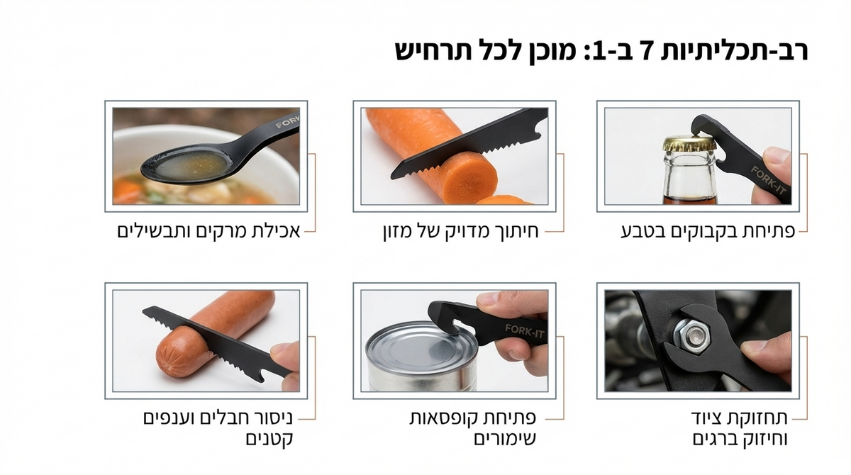 Set of kitchen tools with text in Hebrew on a white background