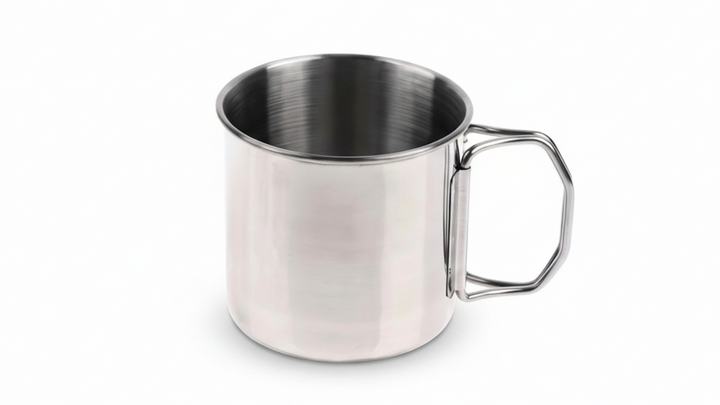 Stainless steel mug on a white background