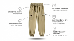 Beige cargo pants with features highlighted on a white background