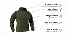 Green tactical shirt with feature labels on a white background