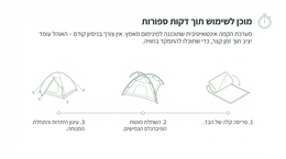 Step-by-step guide for setting up a tent with illustrations and text in Hebrew.