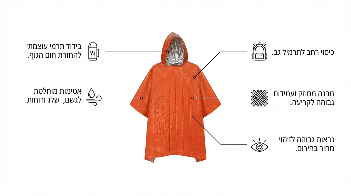 Orange raincoat with labeled features on a white background
